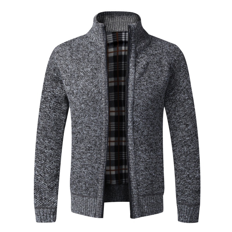 Wholesale foreign trade autumn and winter trend men's cardigan stand collar sweater slim fit fleece-lined thick cardigan sweater coat men