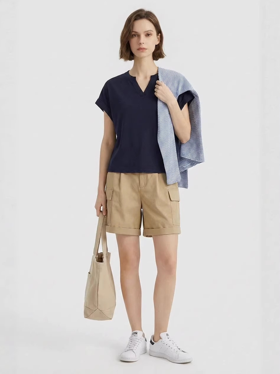 Yaqi Women's Solid Color Raindrop Linen V-Neck Flutter Sleeve T-Shirt, New Summer Style for Plus-Size Women, Waist-Cinching, Slimming, Versatile Short-Sleeve Top