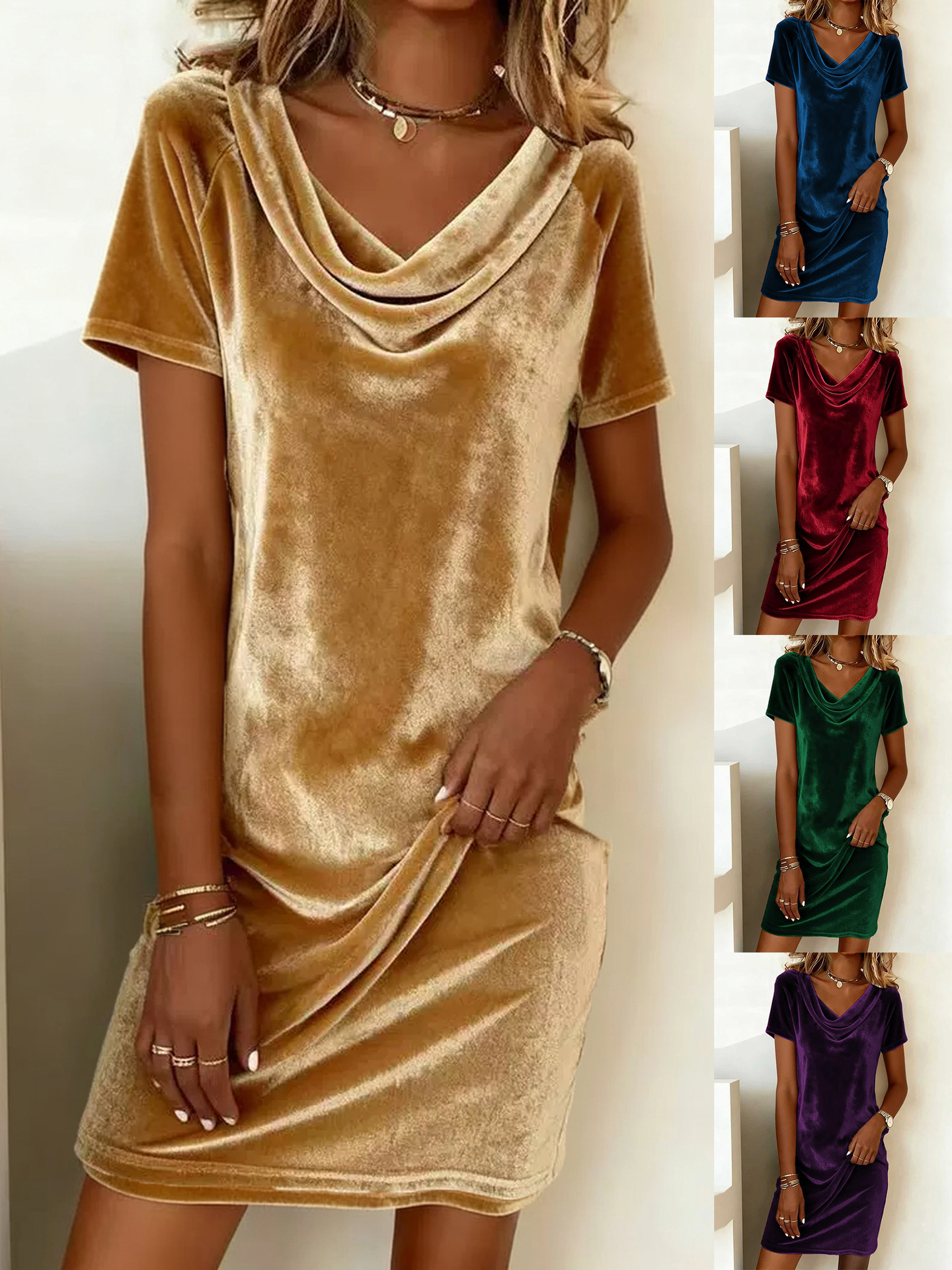 2025 Amazon Autumn and Winter Fashion Cross-Border Women's New Solid Color Ruffled Collar Short-Sleeve Sexy Velvet Dress for Women