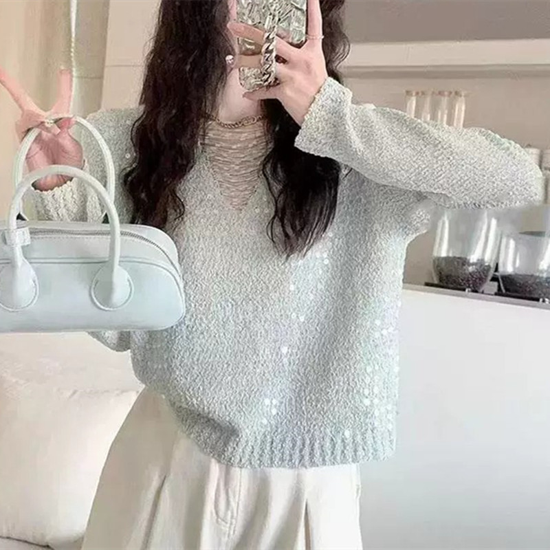 Spring New Stylish Hollow-Out Sweet Youthful Sequin Top with Gentle French Style and Slimming Design Knitwear