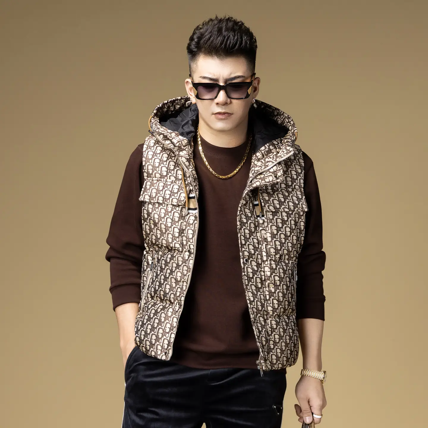 Zouk European Goods Classy down Vest Man Winter 2023 New Arrival Trendy Letters Full Flower Hooded Men Tops Thick
