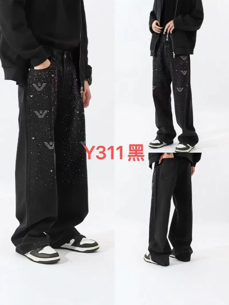 新款黑灰色烫钻牛仔裤男款美式高街宽松满天星欧货潮牌春秋直筒裤