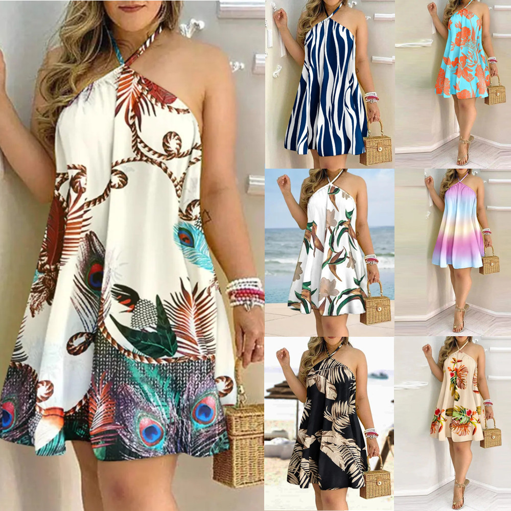 2023 Independent Station Amazon Hot Summer Printed Off-shoulder Neck Lace-up Loose Women's Dress for Women