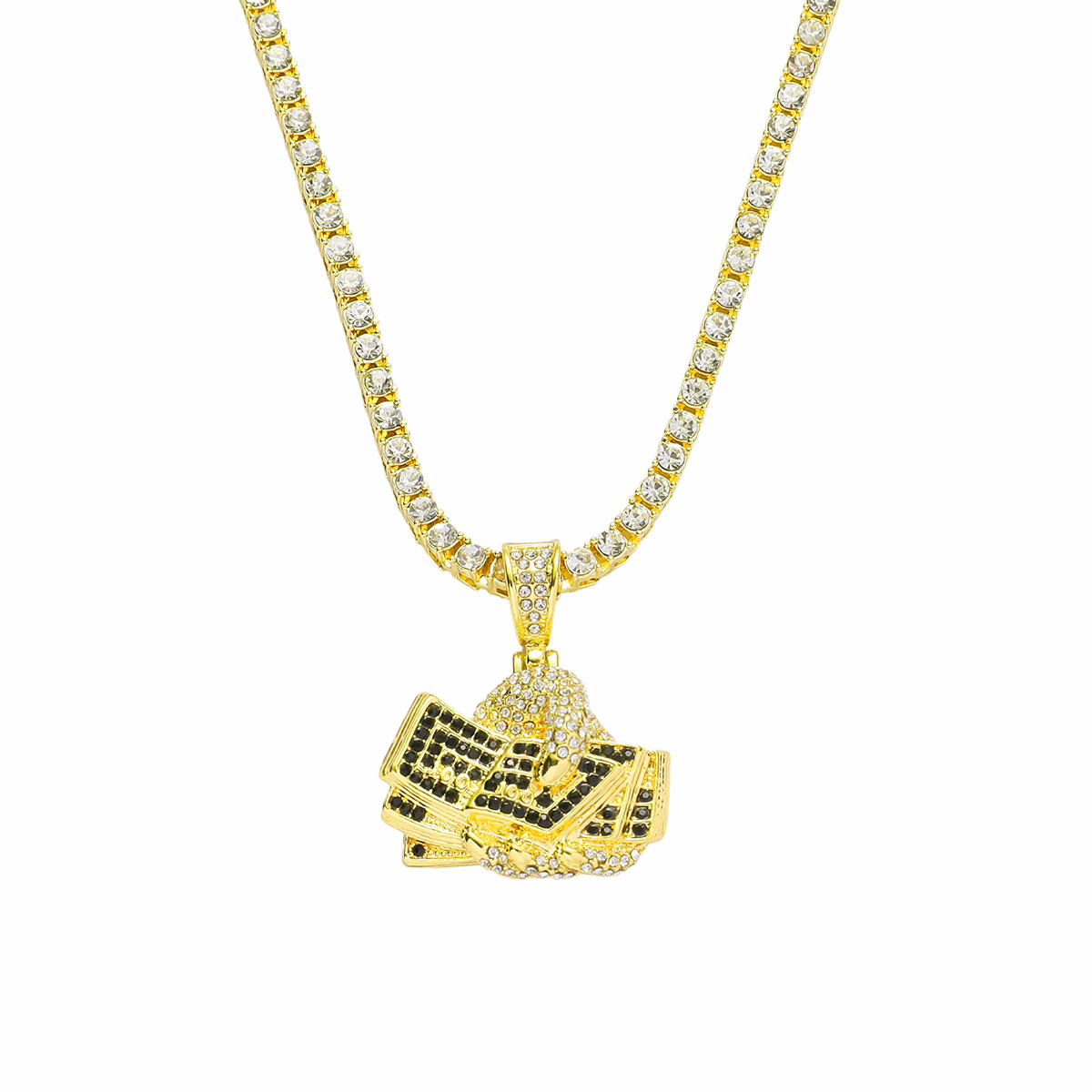 European and American New Hand-held Banknote Diamond Pendant Necklace Hip-hop Cool Personality Tennis Chain Width 4mm Cross-border Jewelry