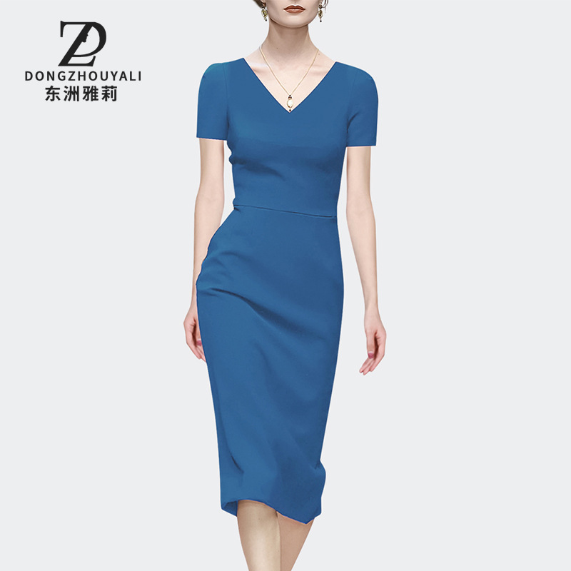 4760 Summer New Women's Fashion Blue V-neck Dress Temperament Slim-fit Slimming Short-sleeved Sexy Hip Dress