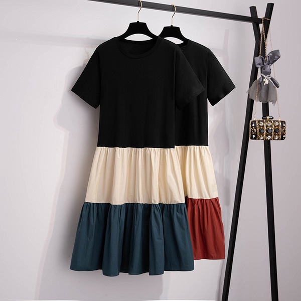【M-3Xl】Summer T-Shirt Dress with Contrasting Colors for Female Students, Loose Plus-Size Fashionable Mid-Length Over-The-Knee Dress