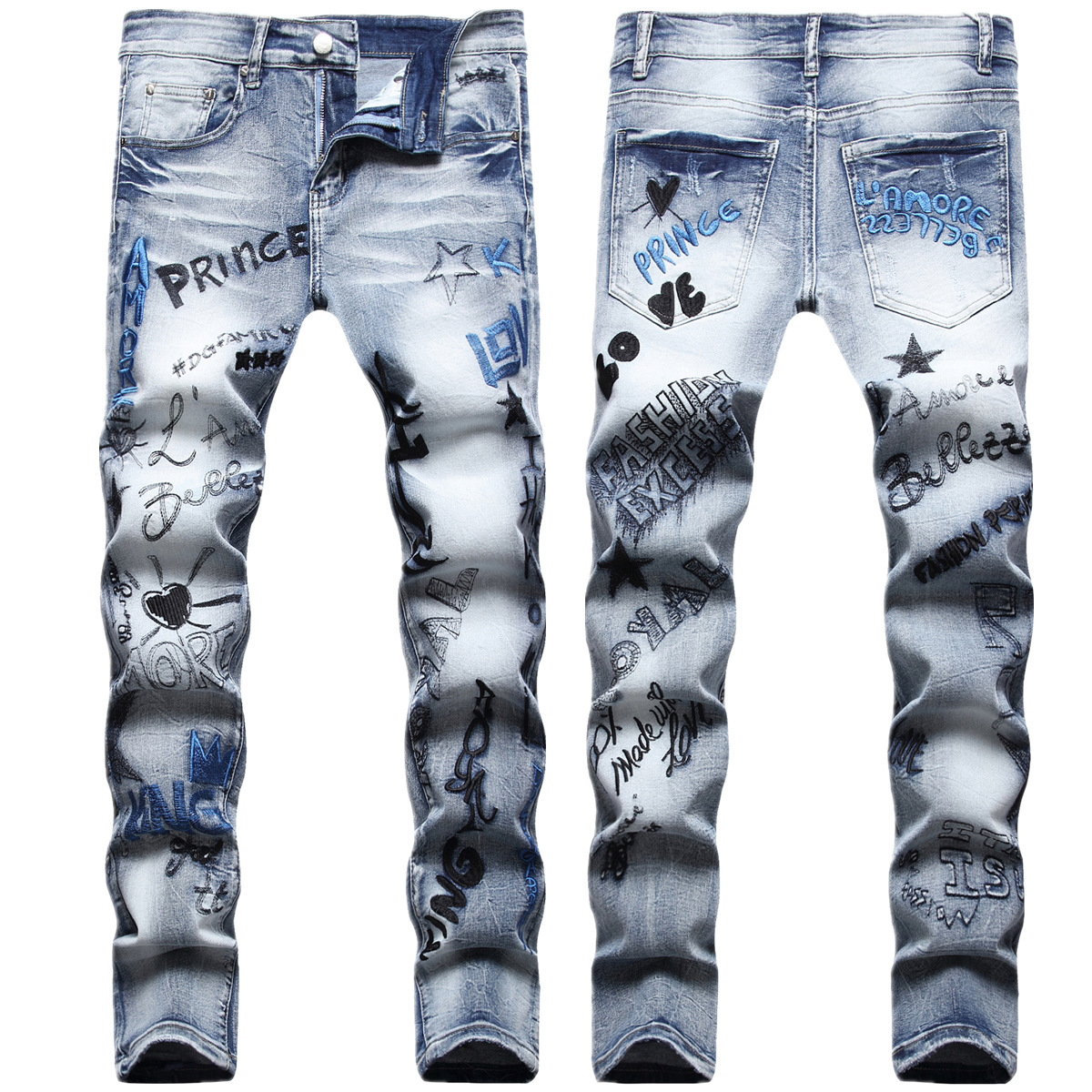 European and American Trendy Men's Hip-Hop Street Style Daily Super Cow Front and Rear Heavy Embroidered Stretch Slim-Fit Small Straight Jeans Men