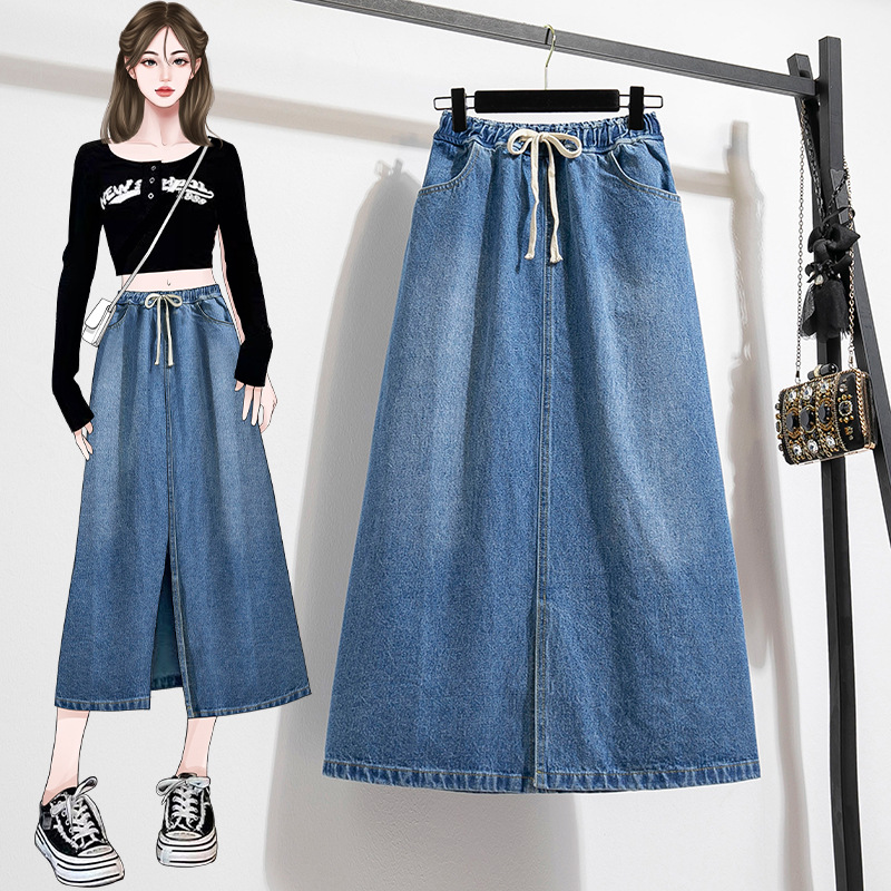 1688 Autumn New Denim Skirt High Waist Hip Skirt Retro Straight-Leg Loose A-Line Mid-Length Skirt for Women