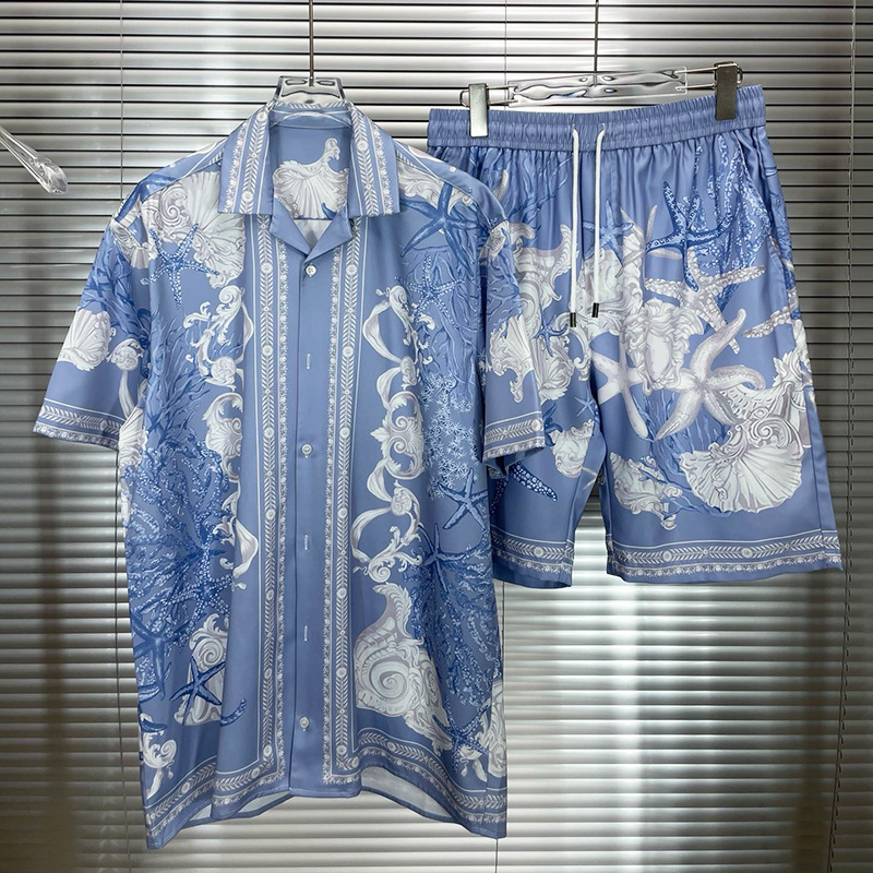 2025 Summer New European and American Trendyy Export Fashion Color Matching Youth Popular Men's Printed Shirt Shorts Suit Trendy
