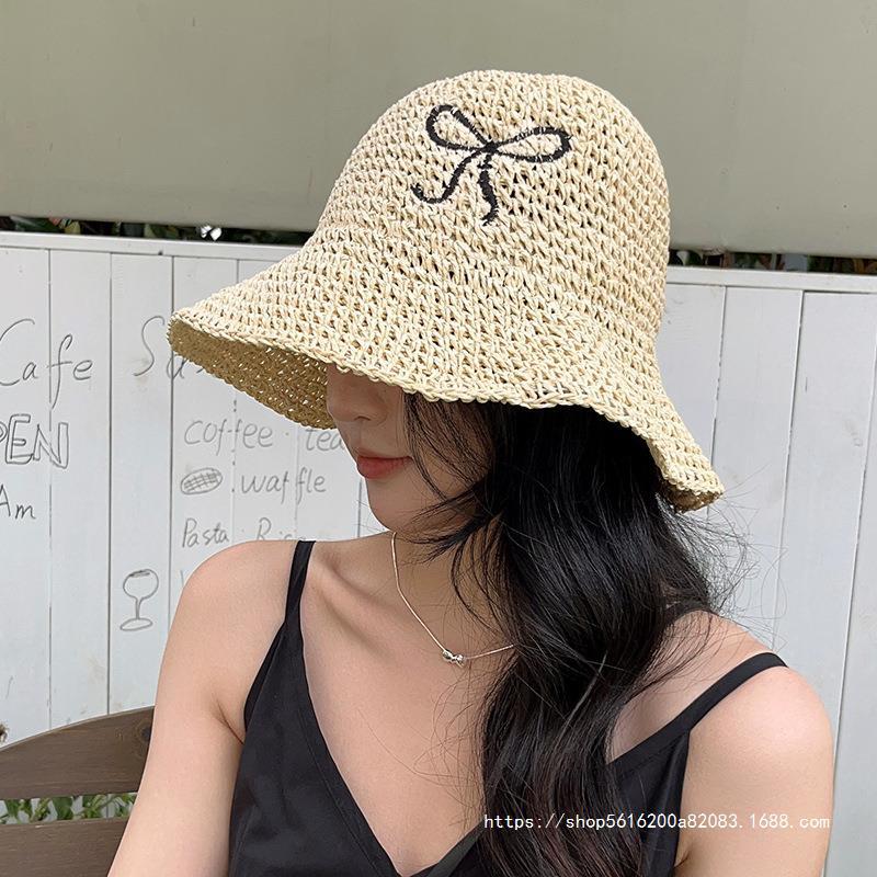 Sweet Bow Embroidered Straw Hat Women's Seaside Holiday Fisherman Hat Women's Summer Hollow Breathable Straw Weaved Sun Hat
