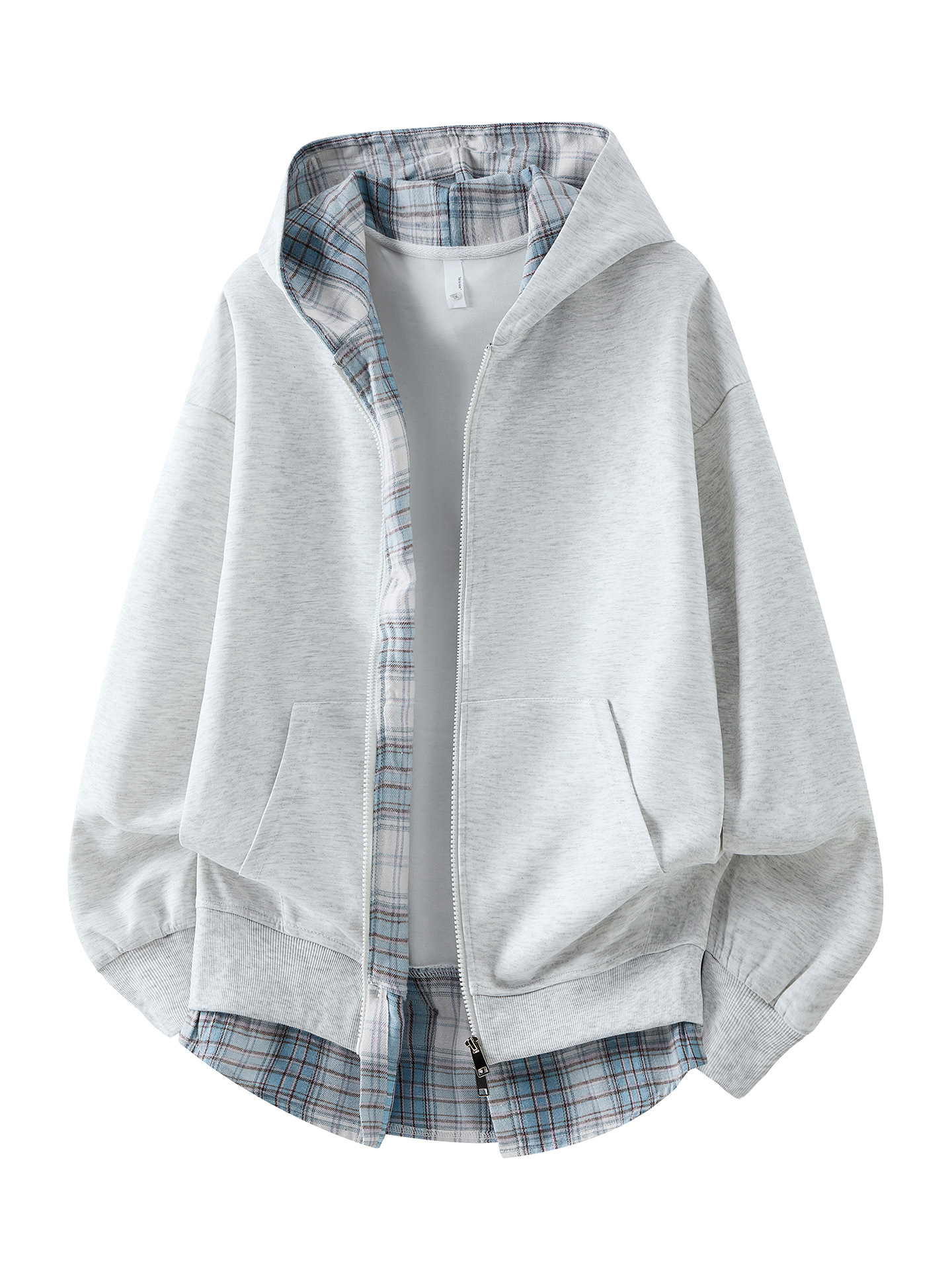 Autumn New Style Fake Two-Piece Cardigan Plaid Hooded Sweatshirt for Men and Women, Trendy Double-Ended Zipper Loose Couple Style Jacket