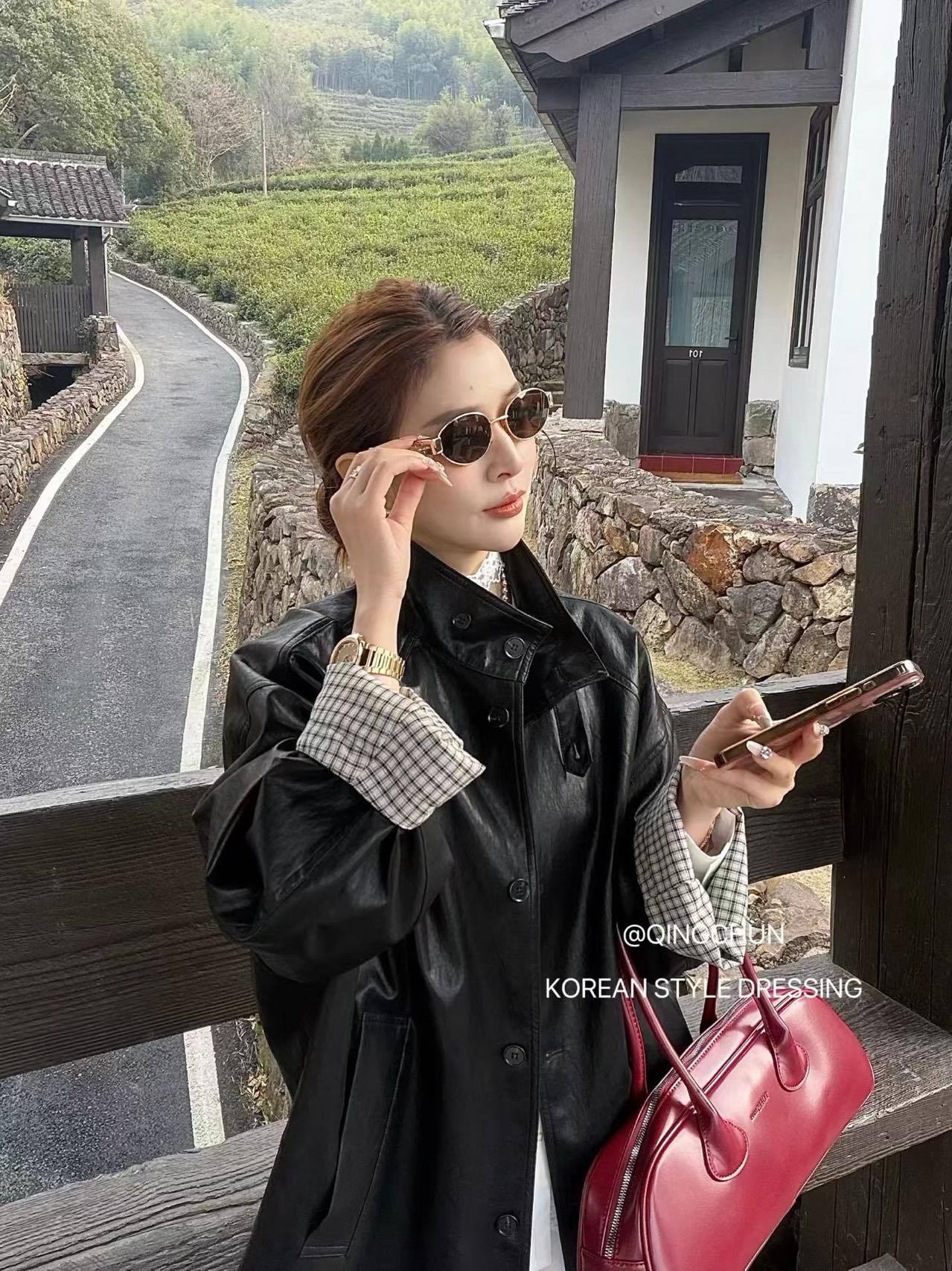 Spring 2026 Women's Leather Jacket, Loose Casual Korean Style, College Style, Long-Sleeve, Lazy Style, Fashionable Outerwear