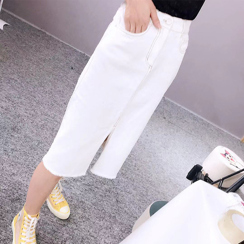 [Simeng] Denim Skirt Women's Summer New High Waist Split Hip Skirt White Slimming All-match Mid-length Skirt