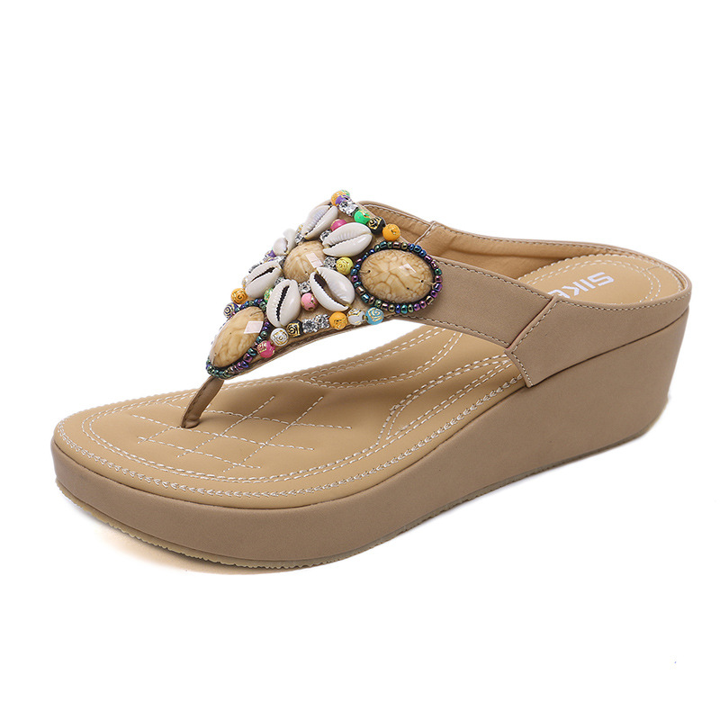 (No Restock after Sold Out) Ethnic Style Thai Travel Beach Bohemian Beaded Retro Wedge Heel Large Size Slippers