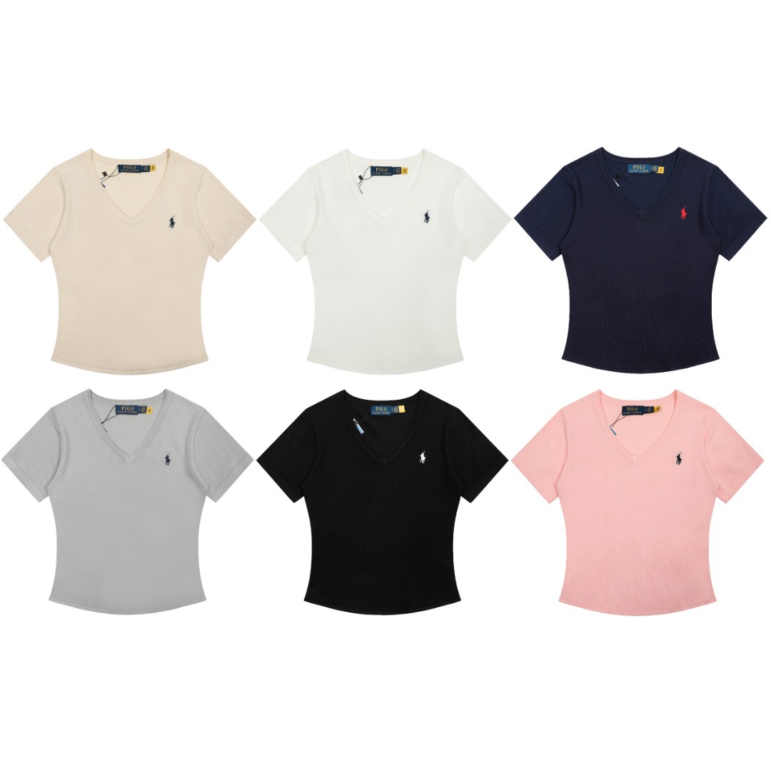 Rl Classic Pony Embroidered V Neck Goddess Style Summer Knitted Short-Sleeved Lazy Casual Old Money Style Work Clothing Day Trend