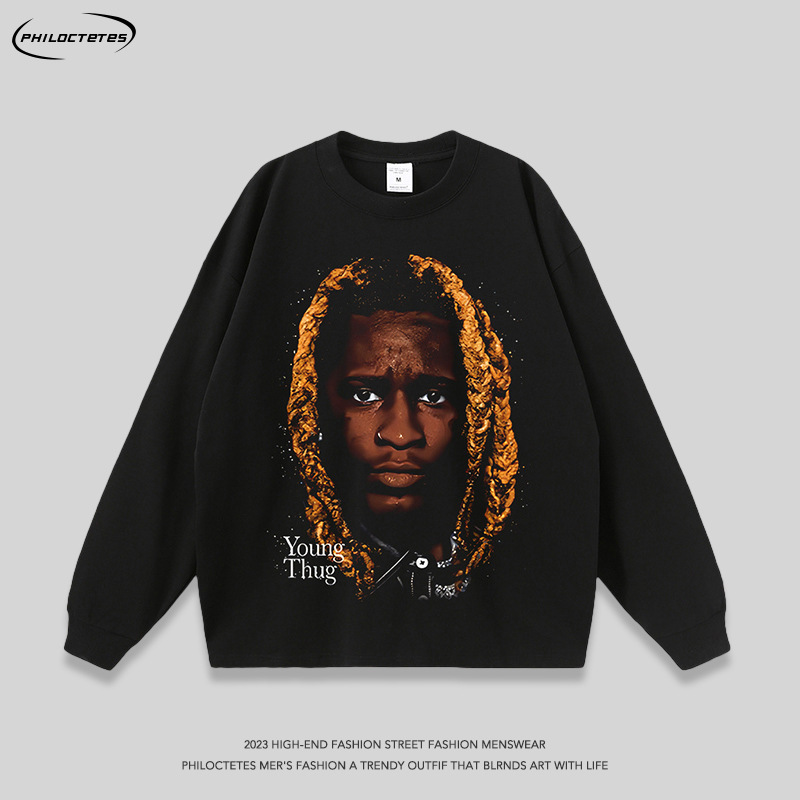 American hip hop rap portrait heavy oversize long-sleeved T-shirt men and women hiphop washed short-sleeved T-shirt fashion