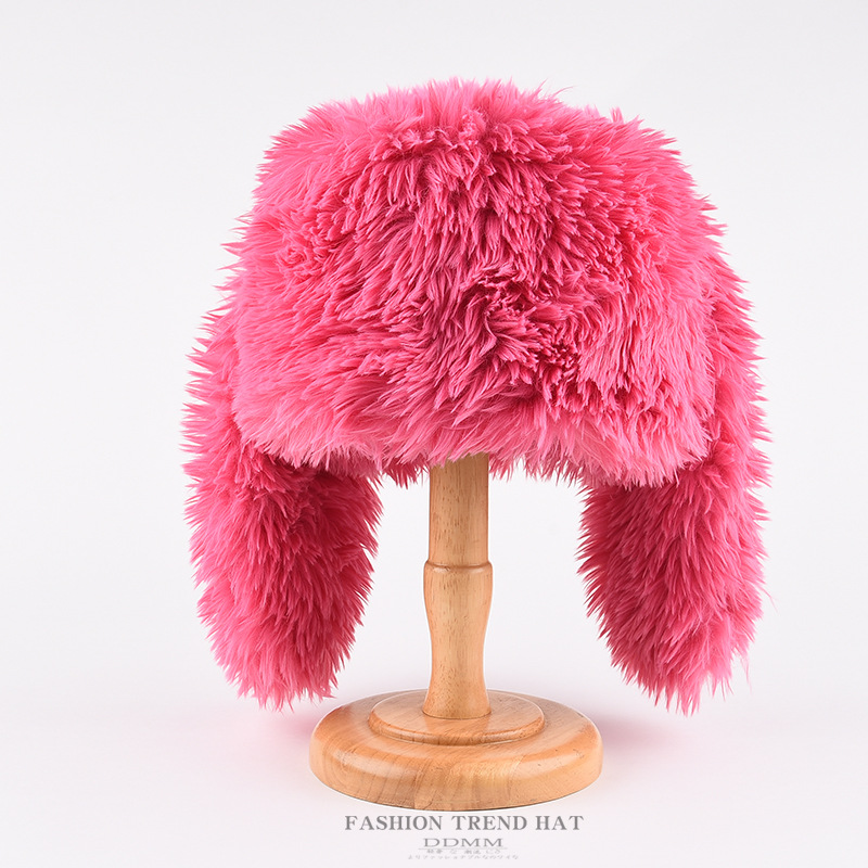 Sweet and Cute Long Ears Rabbit Plush Cap Rose Red Autumn and Winter Warm Lei Feng Cap Trendy Personalized Fisherman Cap