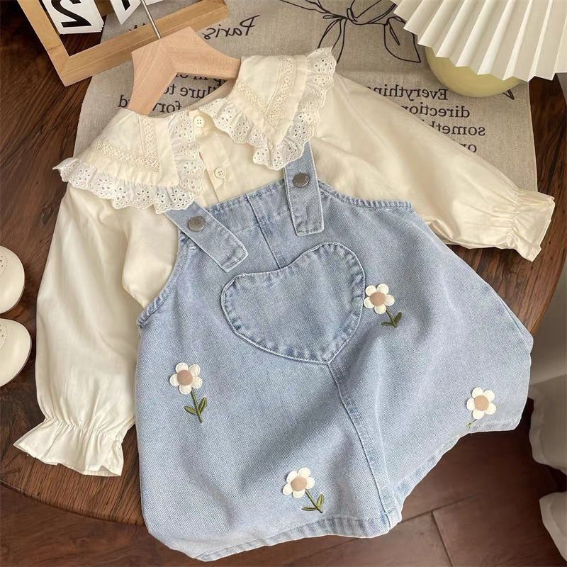 Spring and Autumn Girls' suit Baby Stylish Children's Distinctive Trendy Sweet Korean Style Lace Shirt Flower Denim Strand Dress