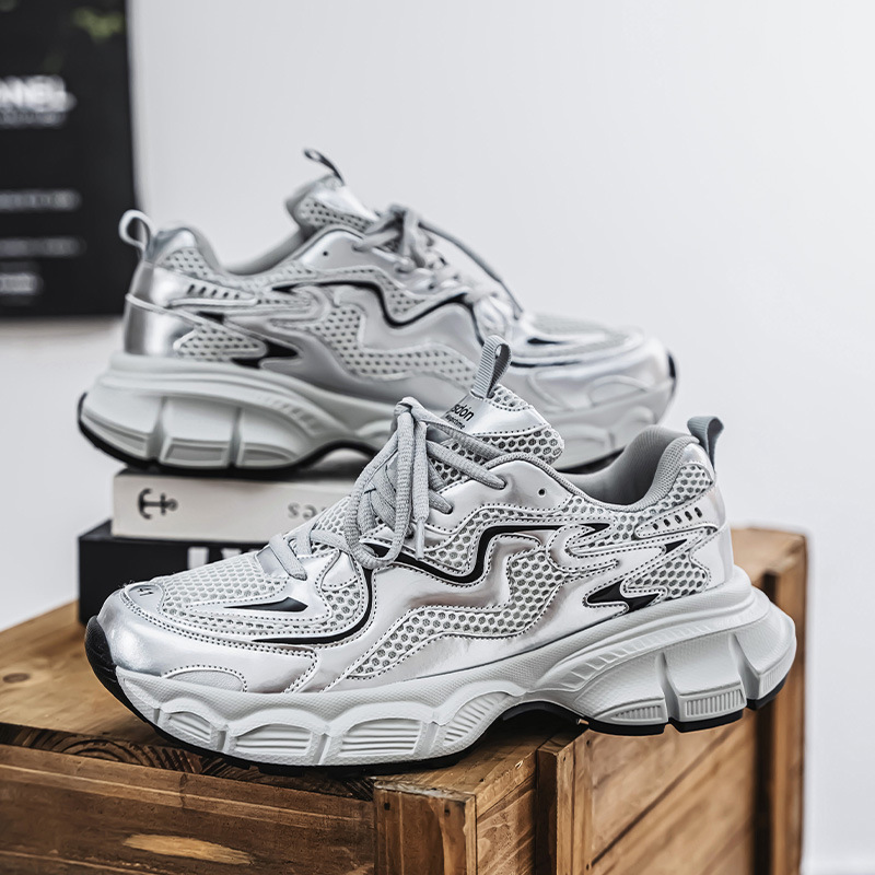 silver Torre Shoes Men's Spring 2025 New High-grade Hong Kong-style Mesh Breathable Height-increasing Men's Sports Casual Shoes