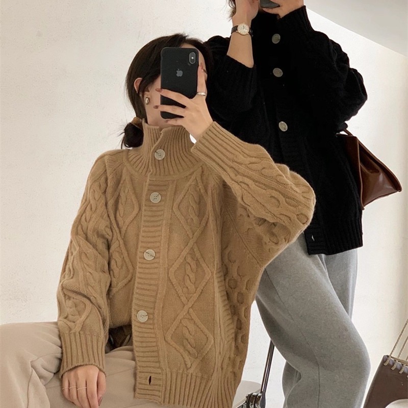 New Autumn and Winter Sweater Women's Coat Cardigan Thickened Twist Lazy Style Retro Korean Style Loose High Collar Sweater Winter