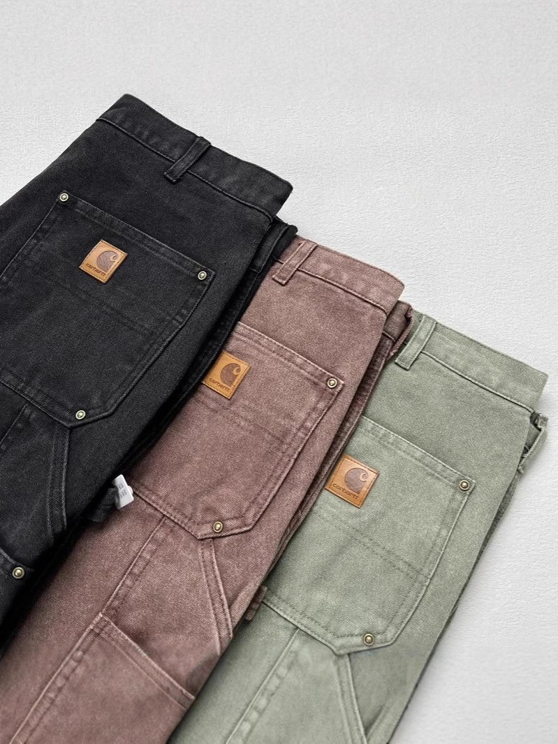 Distressed, washed-out loggers-style straight-leg work trousers