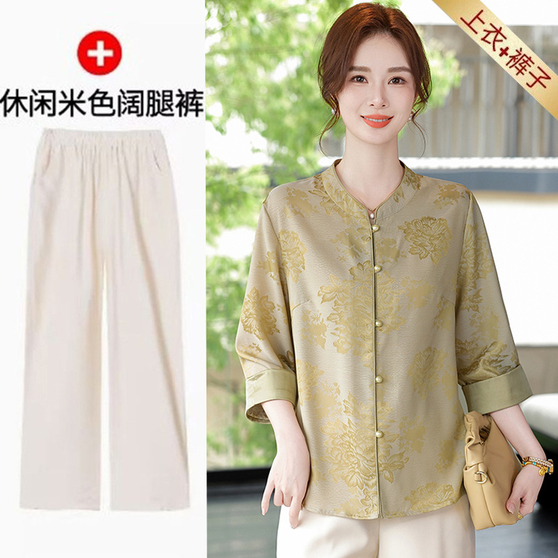 Silk Satin Middle-Sleeve Shirt suit Mother's New Arrival Middle-Aged Women's Retro Printed Top Wide-Leg Pants Two-Piece Set for Women