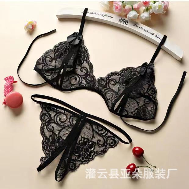 Sexy New lace transparent open-end temptation three-point women's sexy lingerie open crotch suit wholesale