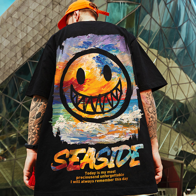 Summer Trendy Brand Sports T-shirt Loose Half Sleeve Hip Hop Graffiti Little Devil Goggy Printed Top Trendy Half Sleeve