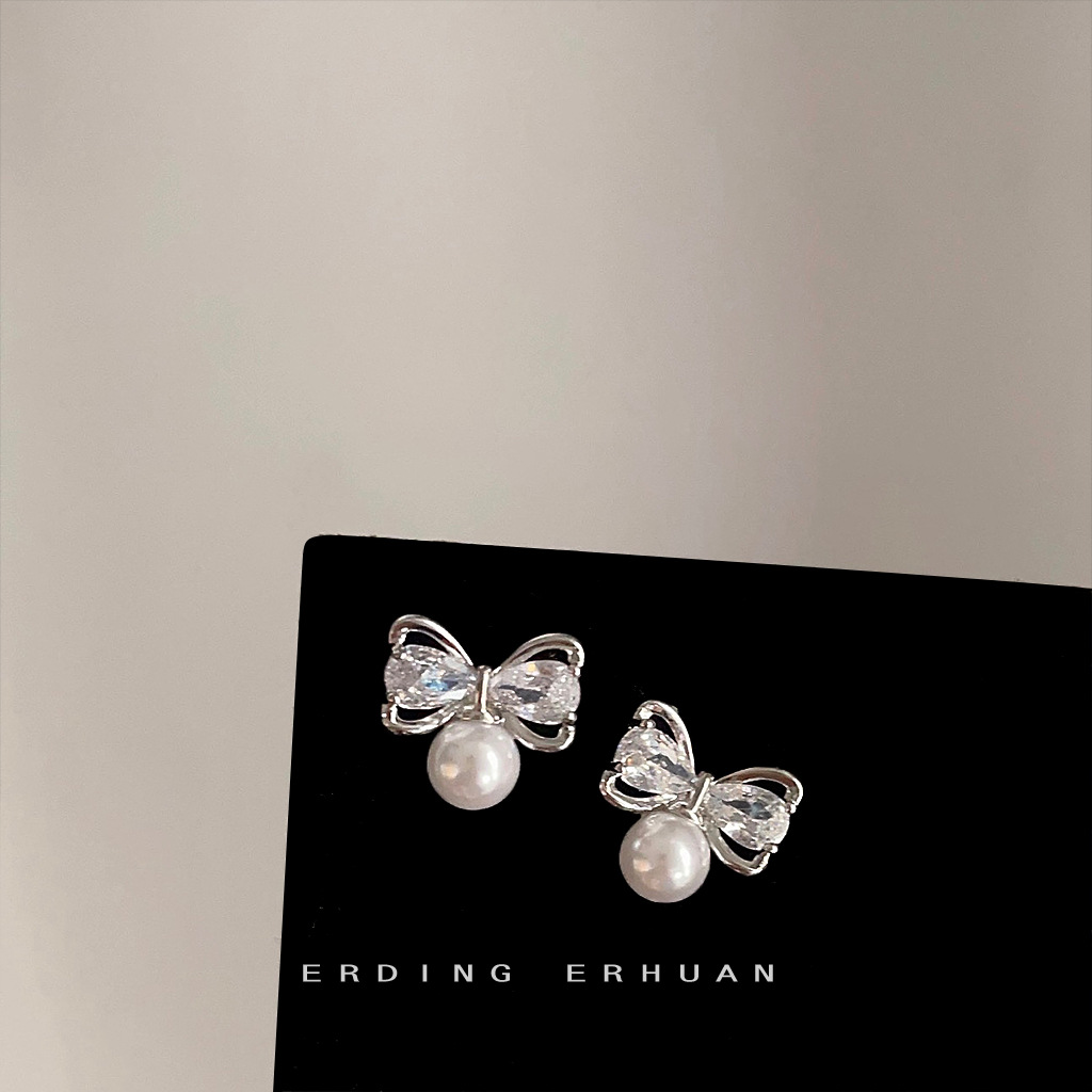 Micro-Inlaid Zircon Bowknot Silver-Plated Stud Earrings! Sweet and Fresh Earrings Factory Yiwu Jewelry Earrings Wholesale