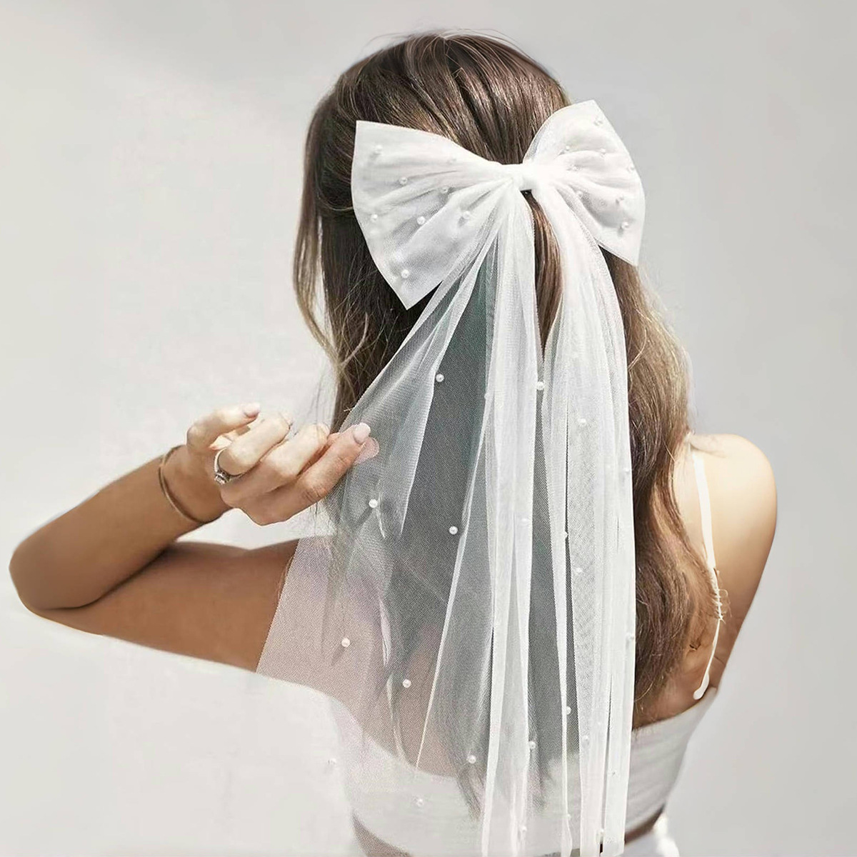 Cross-border Explosions Pearl Bow Super Fairy Mesh Ribbon Hair Accessories Elegant Bridal Wedding Veil Headwear