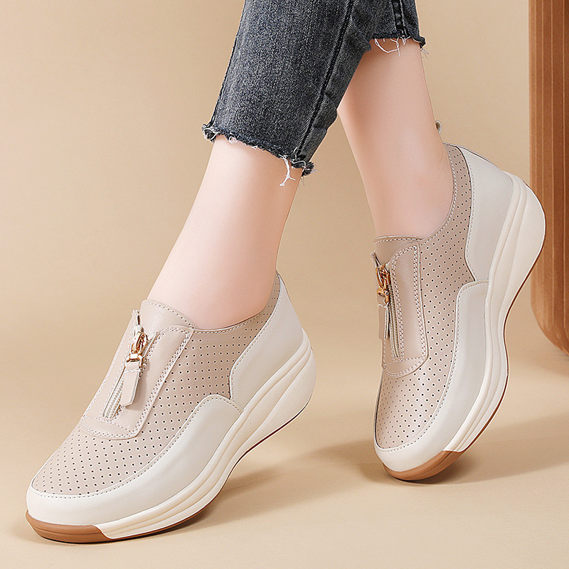 Cross-Border 2025 Spring Sports Shoes for Women Cut Out Zipper Rocking Shoes for Women Genuine Leather Beanie Shoes Large Size Thick Sole Mom Shoes