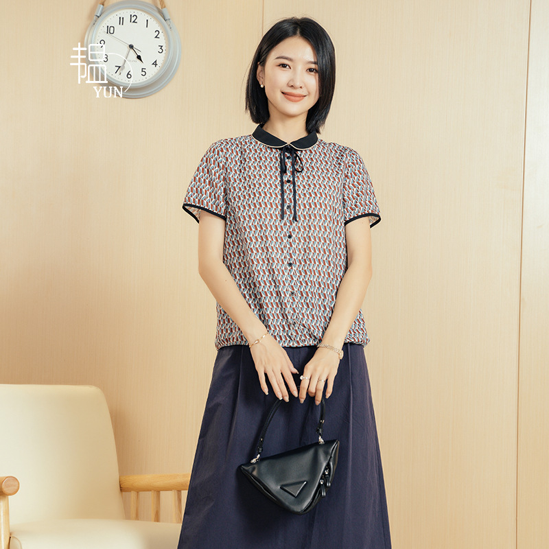 Yun Summer Design Shirt Women's Doll Collar Cardigan Design Sense of Design Short-Sleeved Loose Commuter Shirt