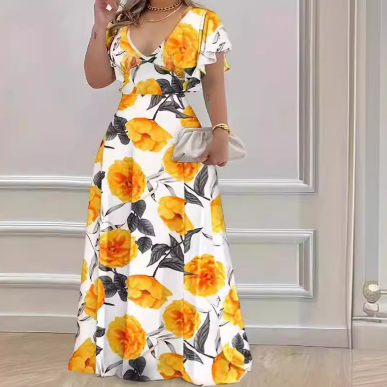 2024 Amazon Cross-border Explosions V-neck Elegant Casual Printed Long Dress Women's Dress