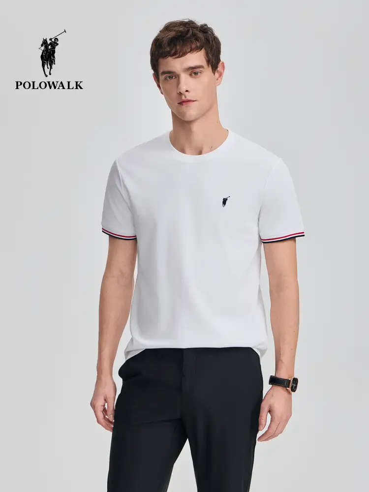 Polowalk Men's Short-Sleeved Round Neck T-Shirt 2025 Summer New Product Contrast Color Design Bottoming Shirt Casual Tops