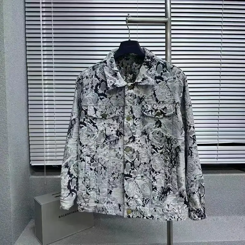 青少年扎染翻领提花流苏水洗做旧牛仔外套男美式高街外穿夹克上衣
