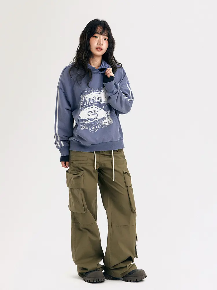 No One Else letter Print Hooded Sweatshirt Women's 2025 Spring New arrival Distressed Stripes Long sleeves Tops