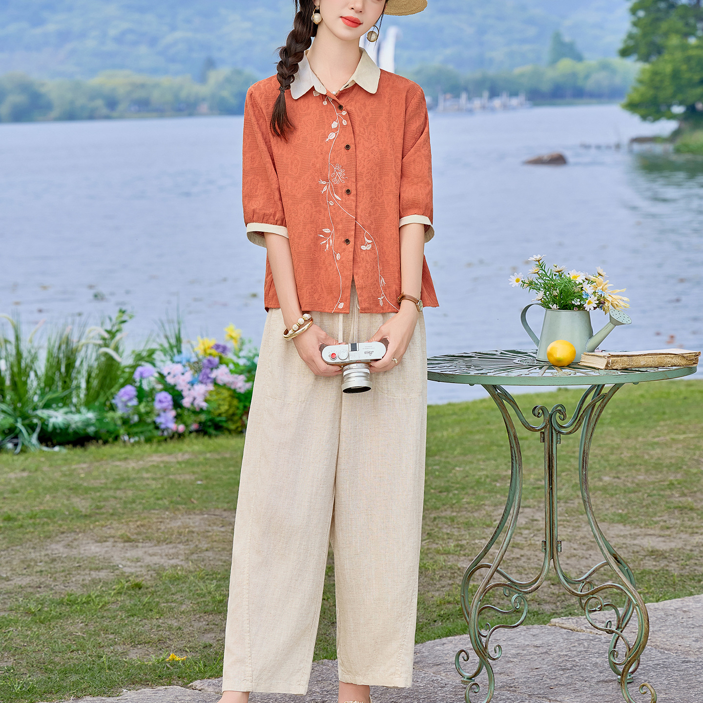 High-End Cotton and Linen Set for Women, Summer Thin Style, Elegant Embroidered Shirt, Fashionable Wide-Leg Pants Two-Piece Set