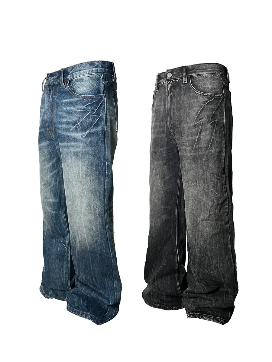 Jcaesar Flash Whisker Denims Lightning Crack Pattern Jeans Heavy Washed Straight-Leg Slightly Flared