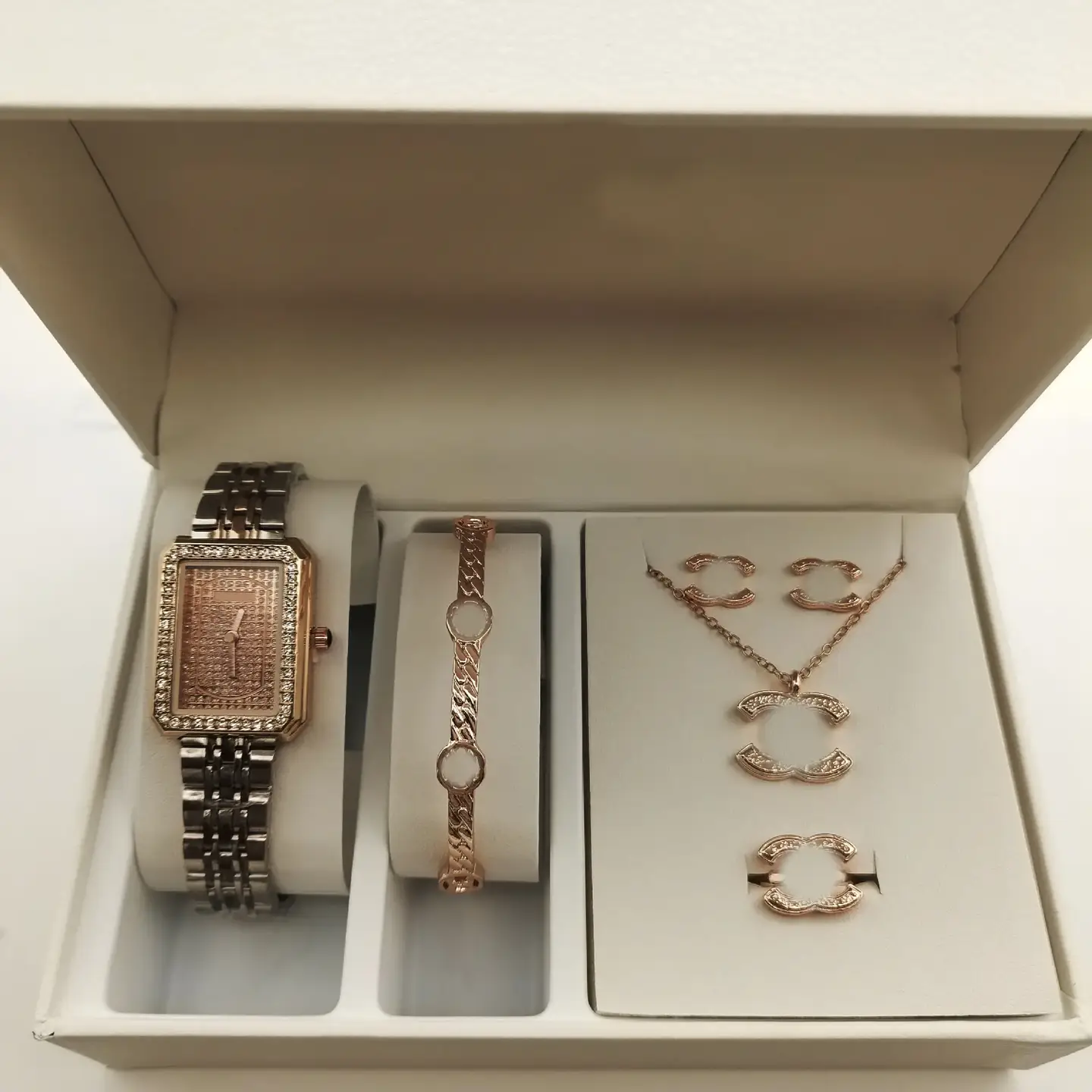 Five-piece Jewelry Set Square Gypsophila Ladies Stainless Steel Watch Export Wholesale Fashion Quartz Watch