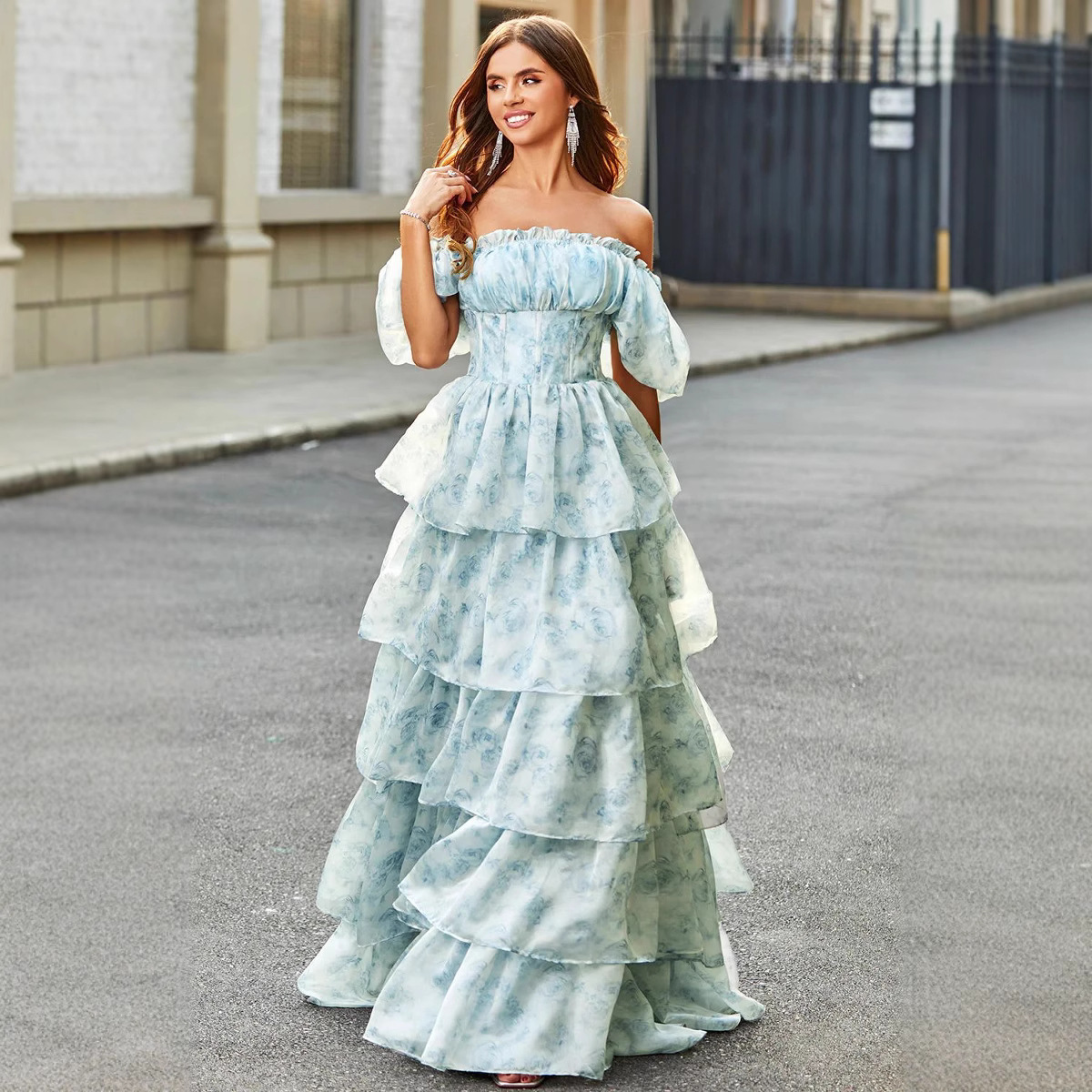 Pastoral Style Sweet Cake Dress European and American Puff Sleeve Short Sleeve Lace-Up Waist Plain Floral Fairy Dress Long Skirt