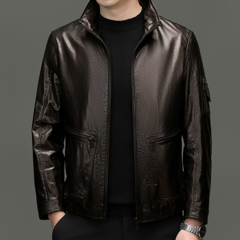 Autumn and Winter New Classy Men's Genuine Leather Oil Wax Cowhide Business Casual Leather Jacket Jacket Dad Wear