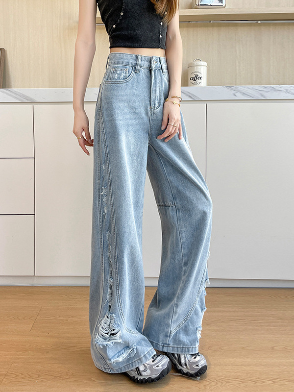 Patchwork Ripped Jeans for Women, New Summer Style, Casual and Unique, Drapey Floor-Length Pants, Loose Fit for Petite Sizes