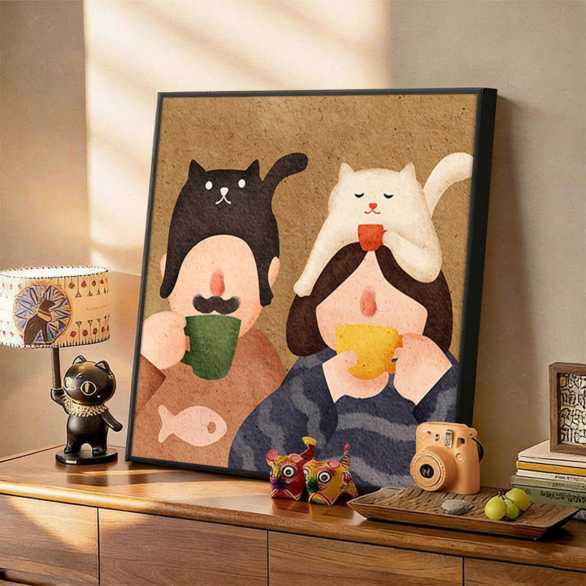 Vintage-Style Maillard Cat Decorative Painting, Cartoon Cute Dresser Painting, Dining Room Wall Art, Bedroom Bedside Hanging Painting