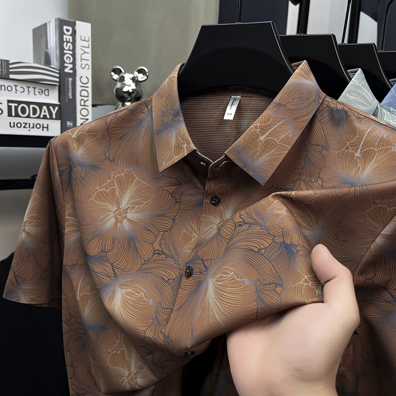 Summer Seamless Mulberry Silk Linen Men's Short-Sleeved Shirt Business Casual Printed Non-Iron Floral Shirt Cardigan Half-Sleeved