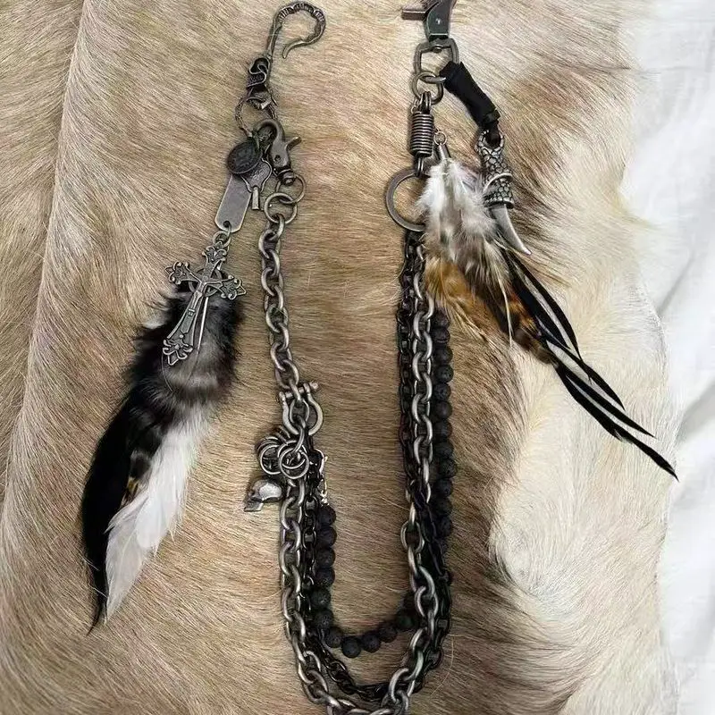 Handmade visual feather skull cross multi-level antique keychain pants, necklace, versatile and versatile