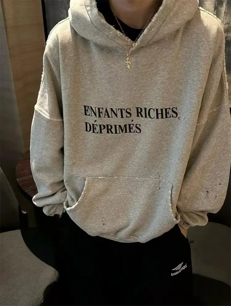 Erd Melancholy Rich Second Generation Slogan Washed Splash-Ink Wormhole Hoodie Sweatshirt American Casual White Jingting Same Style
