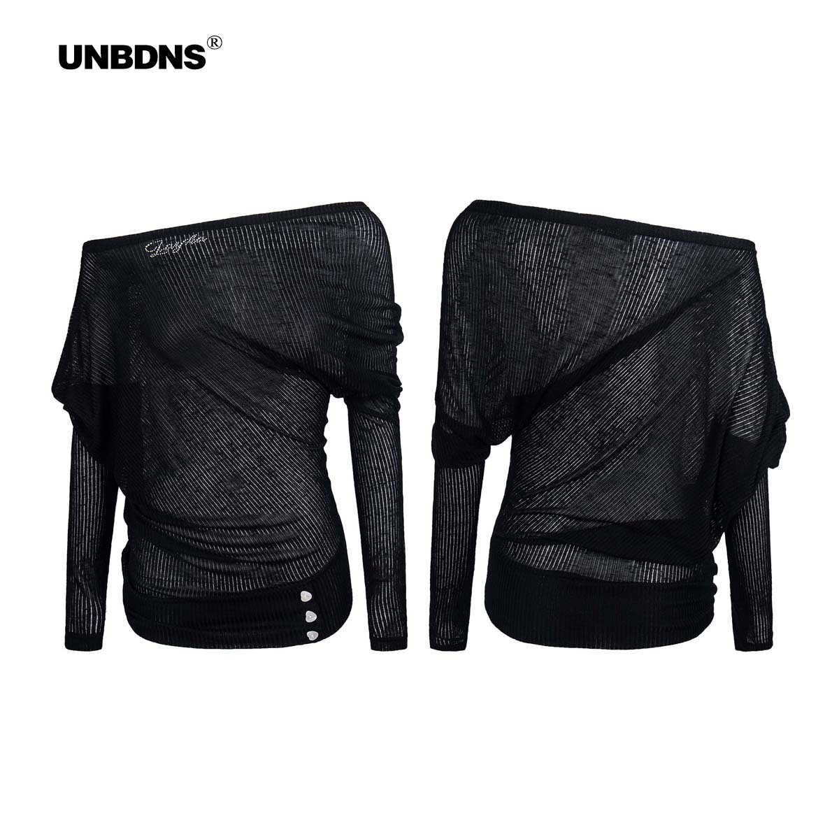 Unbdns American Black Slanted Shoulder Long-Sleeved T-Shirt Women's Autumn Asymmetrical Slightly See-Through Slimming Look Sexy Blouse Top