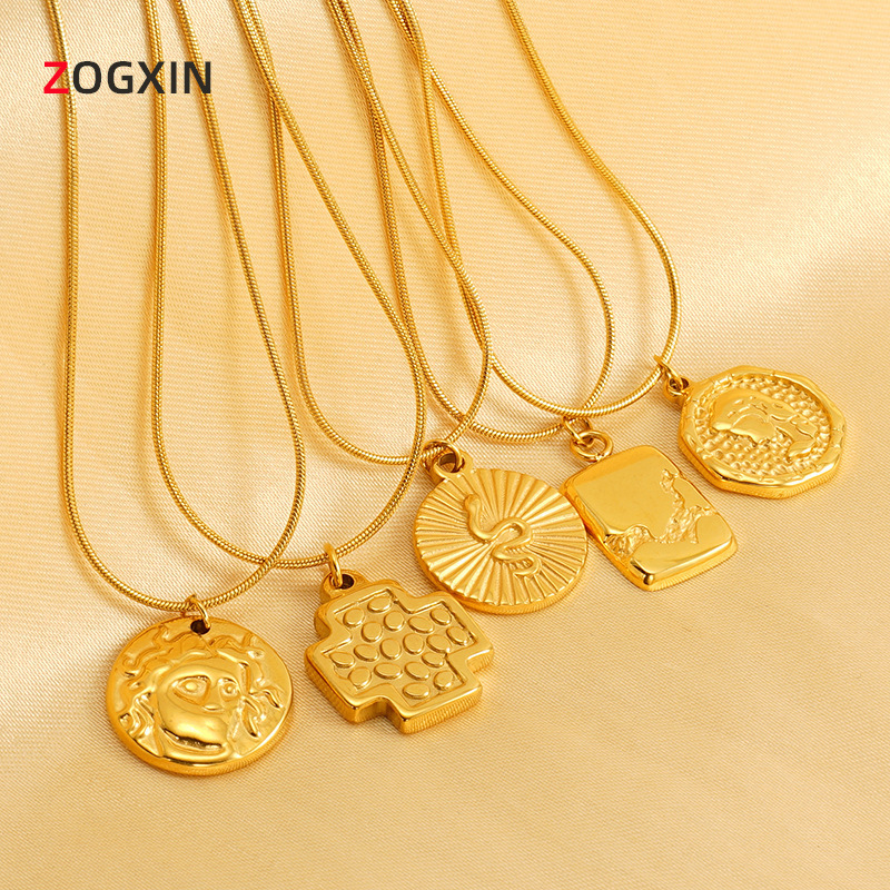 European and American Niche Design Coin Round Brand Necklace Women's Cross-border Ship Anchor All-match Vintage Ins Style Snake Pendant Jewelry