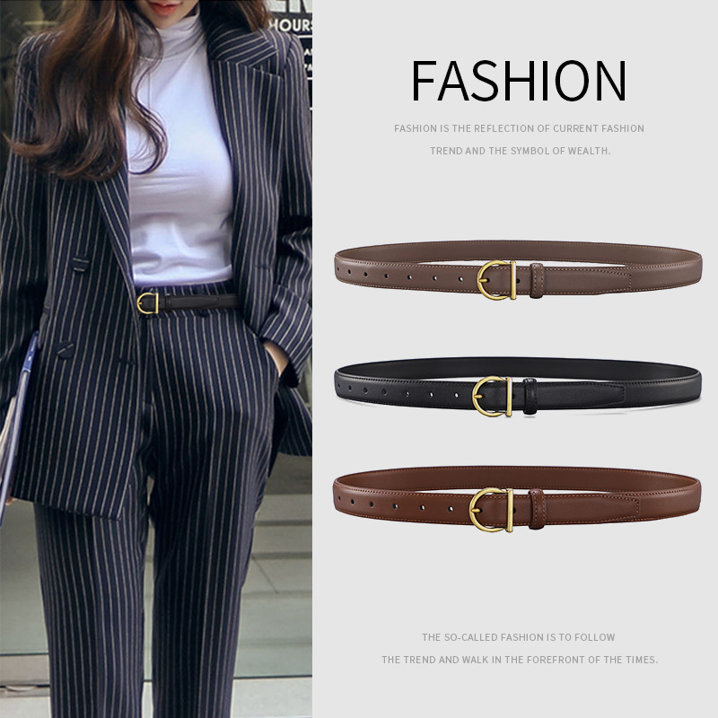 Women's Leather Belt with Pin Buckle, Genuine Cowhide, Versatile, Simple, Suitable for Women's Jeans, Suits, Skirts, and Pants, with a High-End Feel