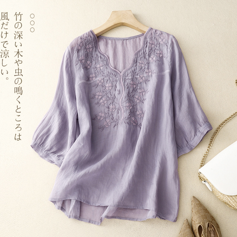 4 Color Heavy Industry Embroidered Vintage Half Sleeve V-neck Top Women's Summer New Arrival Chinese Style Artistic T-Shirt Women's Trendy